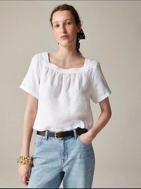 J. Crew Sailor Squareneck top linen White Blouse Medium Minimalist Cottage